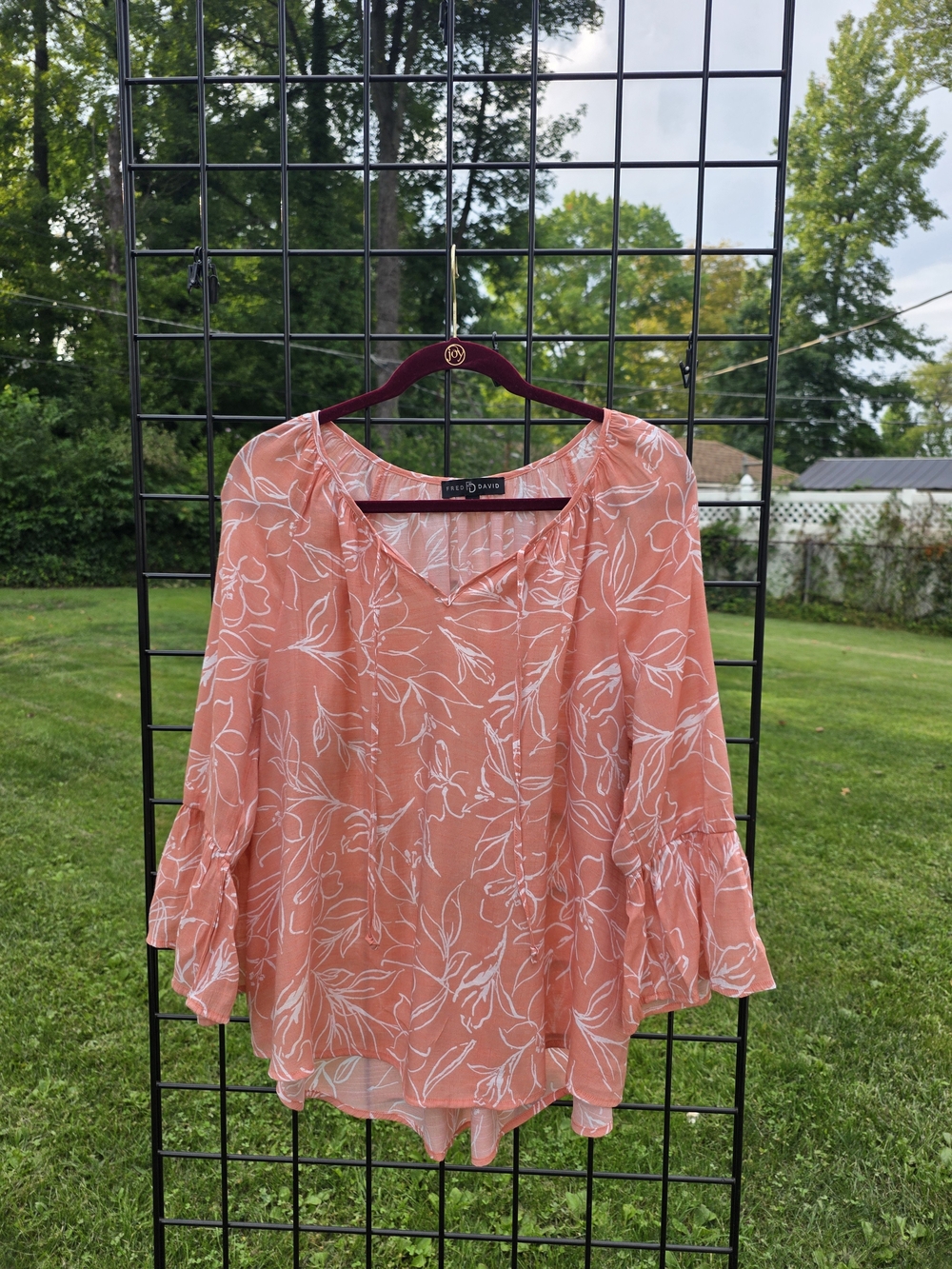 Fred David Coral Peach Floral V-Neck Bell Sleeve Blouse